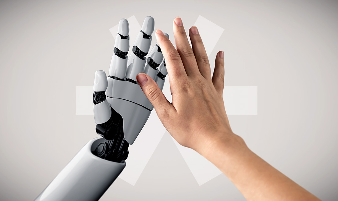 robot hand en mensen hand doen highfive